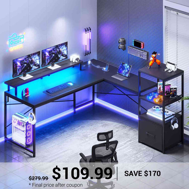 SEDETA | 51 Inch L Shaped Corner Gaming Desk with File Drawer and Storage Shelves