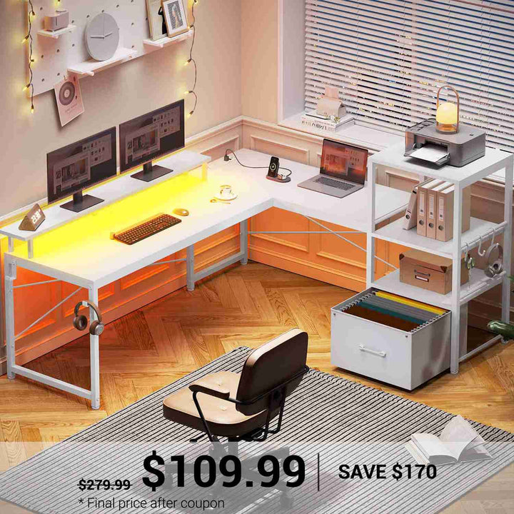 SEDETA | 51 Inch L Shaped Corner Gaming Desk with File Drawer and Storage Shelves
