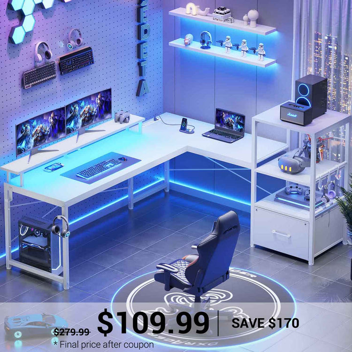 SEDETA | 51 Inch L Shaped Corner Gaming Desk with File Drawer and Storage Shelves