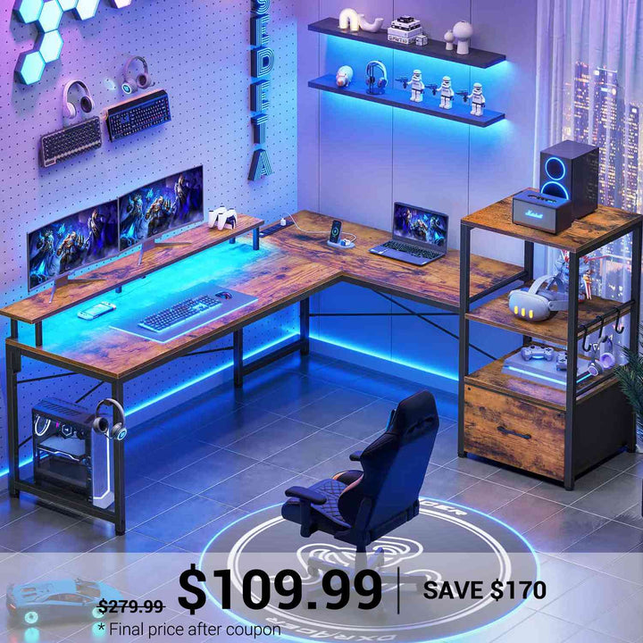 SEDETA | 51 Inch L Shaped Corner Gaming Desk with File Drawer and Storage Shelves