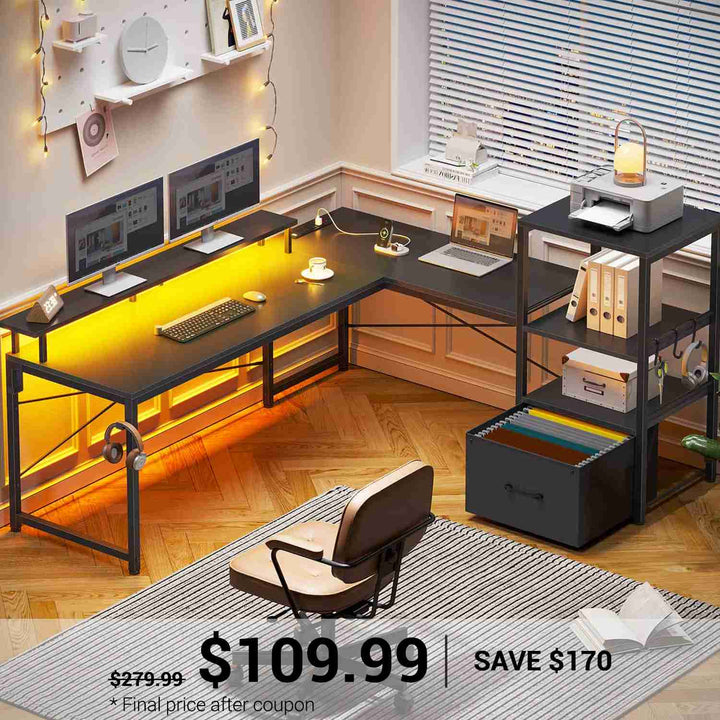 SEDETA | 51 Inch L Shaped Corner Gaming Desk with File Drawer and Storage Shelves