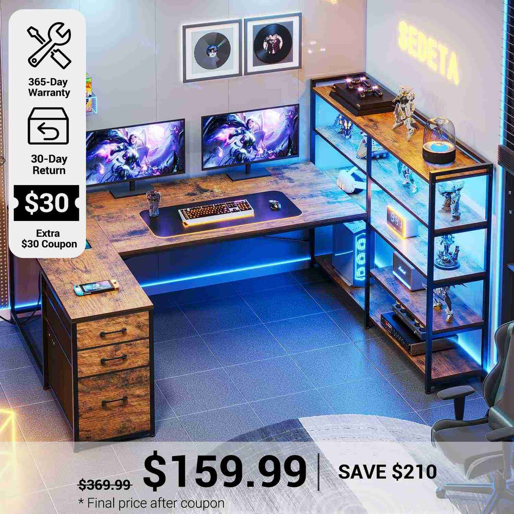 SEDETA® 64.5 Inch Reversible L Shaped Gaming Desk U Shaped Computer Desk with Power Outlet LED Lights and Storage Shelves