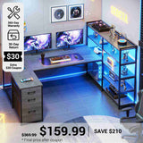 SEDETA® 64.5 Inch Reversible L Shaped Gaming Desk U Shaped Computer Desk with Power Outlet LED Lights and Storage Shelves
