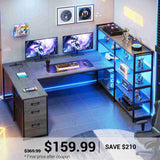 SEDETA | 64.5 Inch Gaming Desk Reversible L Shaped Computer Desk with LED Lights Power Outlet and Drawer Storage