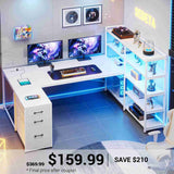 SEDETA | 64.5 Inch Gaming Desk Reversible L Shaped Computer Desk with LED Lights Power Outlet and Drawer Storage