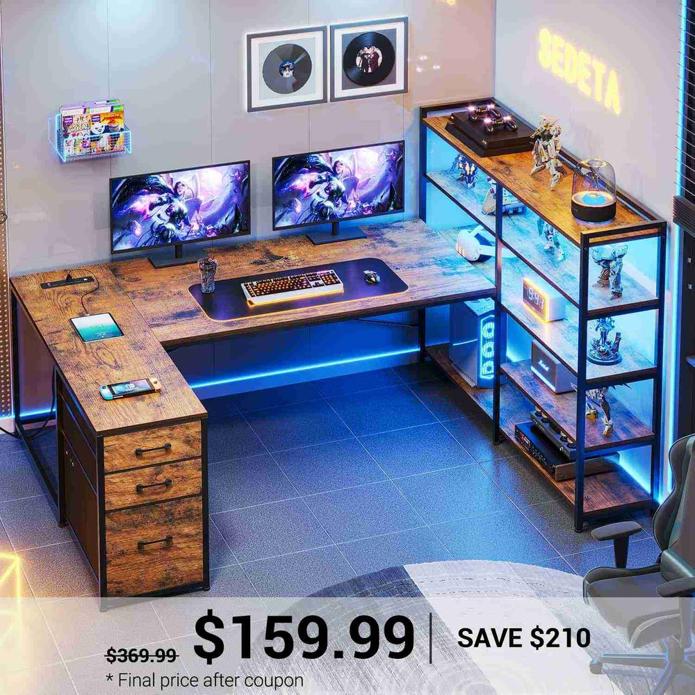 SEDETA | 64.5 Inch Gaming Desk Reversible L Shaped Computer Desk with LED Lights Power Outlet and Drawer Storage