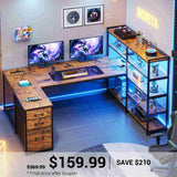 SEDETA | 64.5 Inch Gaming Desk Reversible L Shaped Computer Desk with LED Lights Power Outlet and Drawer Storage