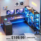 SEDETA | 64.5 Inch Gaming Desk Reversible L Shaped Computer Desk with LED Lights Power Outlet and Drawer Storage