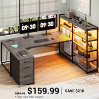 SEDETA | 64.5 Inch Gaming Desk Reversible L Shaped Computer Desk with LED Lights Power Outlet and Drawer Storage