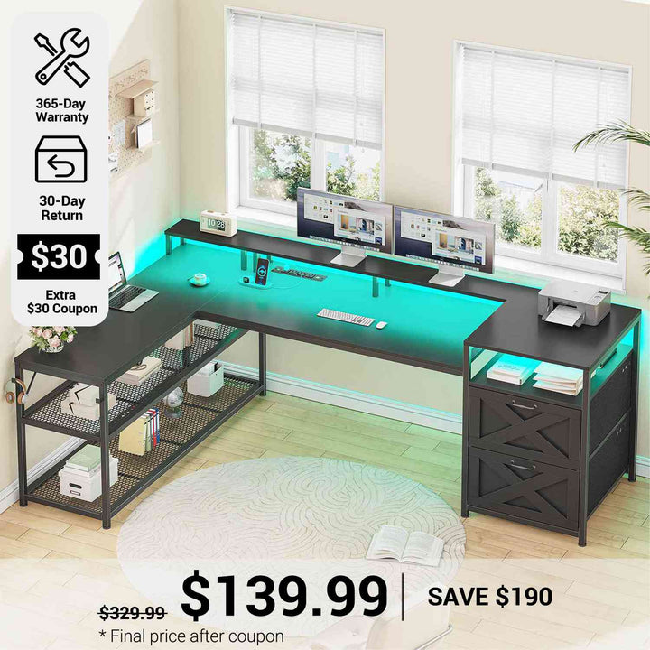 SEDETA® 67 Inch Reversible LED Gaming Desk L Shaped Computer Office Table with Storage Shelves