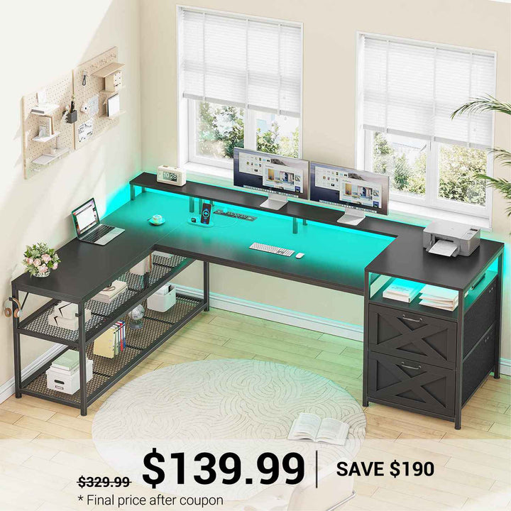 SEDETA | 67 Inch Reversible L Shaped Led Gaming Desk with Drawers for Home Office