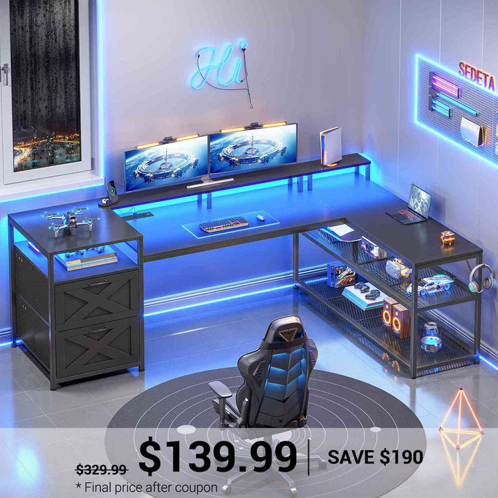 SEDETA | 67 Inch Reversible L Shaped Led Gaming Desk with Drawers for Home Office