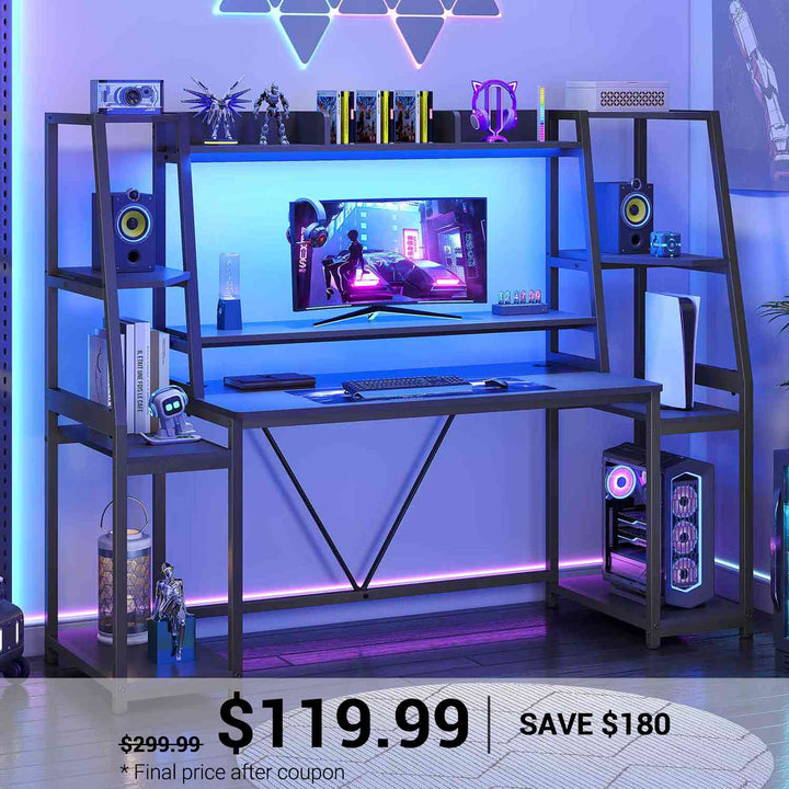 SEDETA | 65.7 Inch LED Gaming Desk Workstation with Storage Shelves for PC Gamers