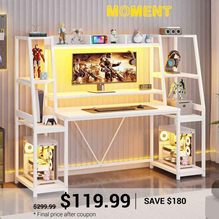 SEDETA | 65.7 Inch LED Gaming Desk Workstation with Storage Shelves for PC Gamers