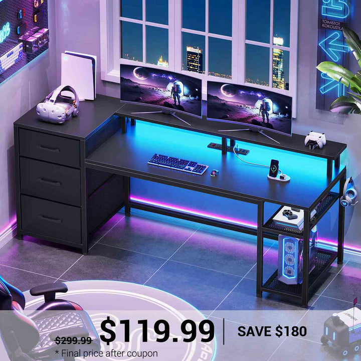 SEDETA | 59 Inch Office Desk with Drawers Gaming Desk with LED Lights and Storage