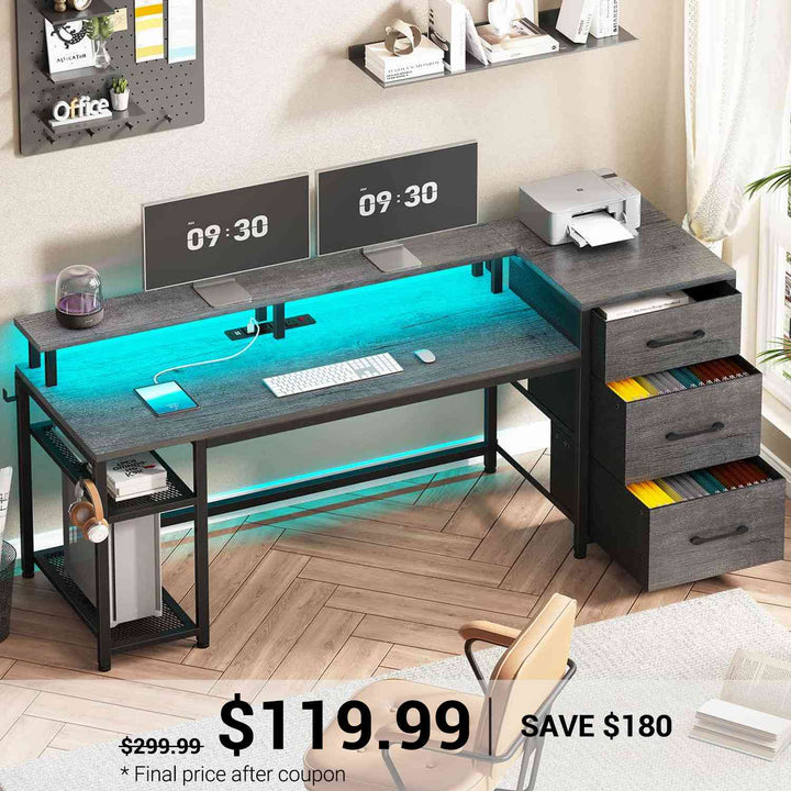 SEDETA | 59 Inch Office Desk with Drawers Gaming Desk with LED Lights and Storage