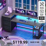 SEDETA® 59 Inch Reversible Computer Desk Home Office LED Gaming Table with File Drawers & Storage