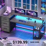 SEDETA 59 Inch Office Desk with Drawers Reversible Computer Gaming Desk with LED Lights