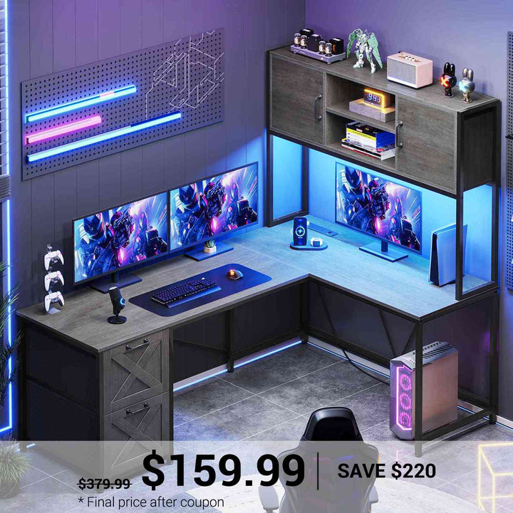 SEDETA | SEDETA 62.2 Inch Reversible L Shaped Gaming Computer Desk with Drawers and Storage Hutch
