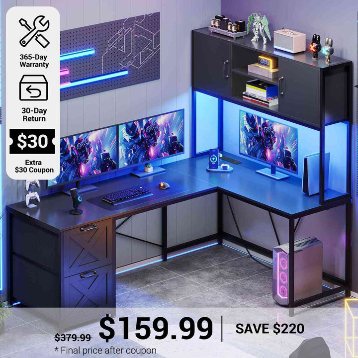 SEDETA® 62.2 Inch LED Reversible L Shaped Computer Table Corner Gaming Desk with Drawers Hutch