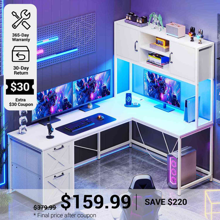 SEDETA® 62.2 Inch LED Reversible L Shaped Computer Table Corner Gaming Desk with Drawers Hutch