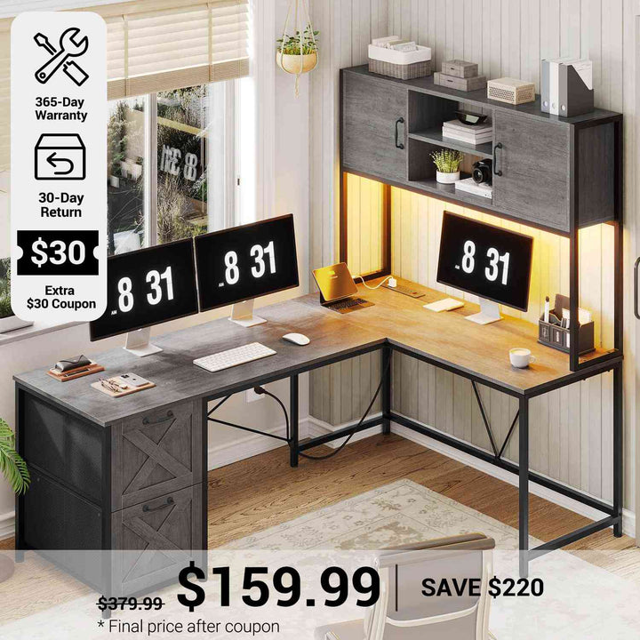 SEDETA® 62.2 Inch LED Reversible L Shaped Computer Table Corner Gaming Desk with Drawers Hutch