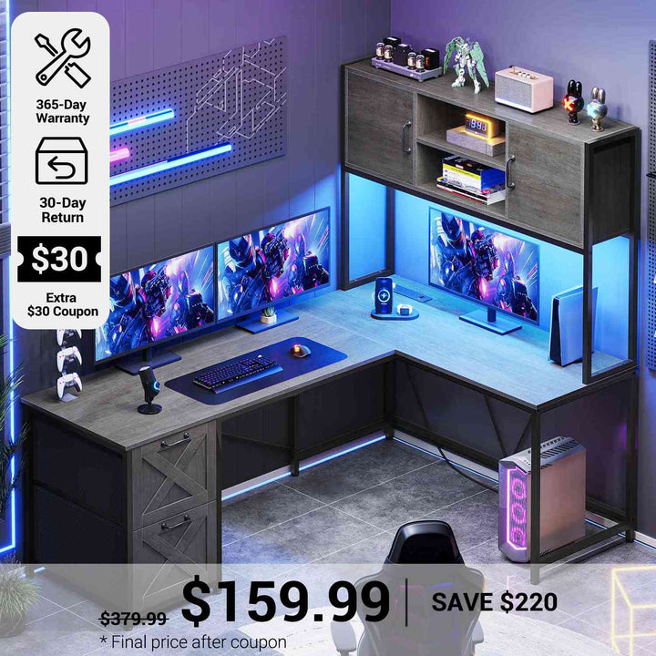 SEDETA® 62.2 Inch LED Reversible L Shaped Computer Table Corner Gaming Desk with Drawers Hutch