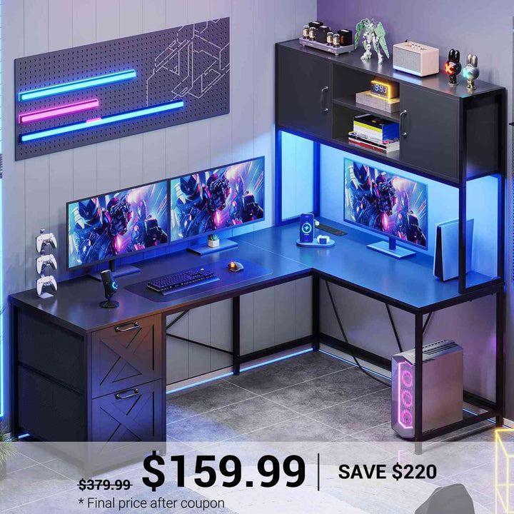 SEDETA | SEDETA 62.2 Inch Reversible L Shaped Gaming Computer Desk with Drawers and Storage Hutch