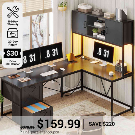 SEDETA® 62.2 Inch LED Reversible L Shaped Computer Table Corner Gaming Desk with Drawers Hutch