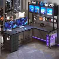 SEDETA 62 Inch L Shaped LED Gaming Desk Computer Desk with Power Outlet Storage Drawers Pegboard