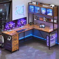 SEDETA 62 Inch L Shaped LED Gaming Desk Computer Desk with Power Outlet Storage Drawers Pegboard
