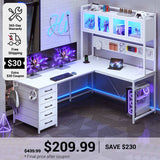 SEDETA 62 Inch L Shaped LED Gaming Desk Computer Desk with Power Outlet Storage Drawers Pegboard