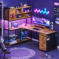 SEDETA® 58 Inch L Shaped LED Gaming Desk Corner Computer Table Home Office Desk with 3 Drawers
