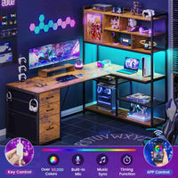 SEDETA® 58 Inch L Shaped LED Gaming Desk Corner Computer Table Home Office Desk with 3 Drawers
