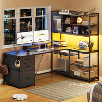 SEDETA® 58 Inch L Shaped LED Gaming Desk Corner Computer Table Home Office Desk with 3 Drawers