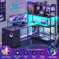 SEDETA® 58 Inch L Shaped LED Gaming Desk Corner Computer Table Home Office Desk with 3 Drawers