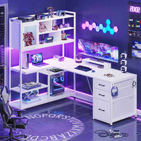 SEDETA® 58 Inch L Shaped LED Gaming Desk Corner Computer Table Home Office Desk with 3 Drawers