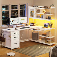 SEDETA® 58 Inch L Shaped LED Gaming Desk Corner Computer Table Home Office Desk with 3 Drawers