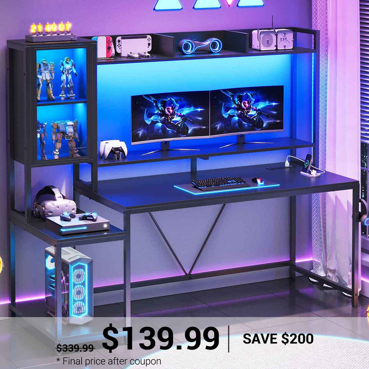 SEDETA | 60 Inch LED PC Gaming Desk with Storage Shelves and Display Cabinet
