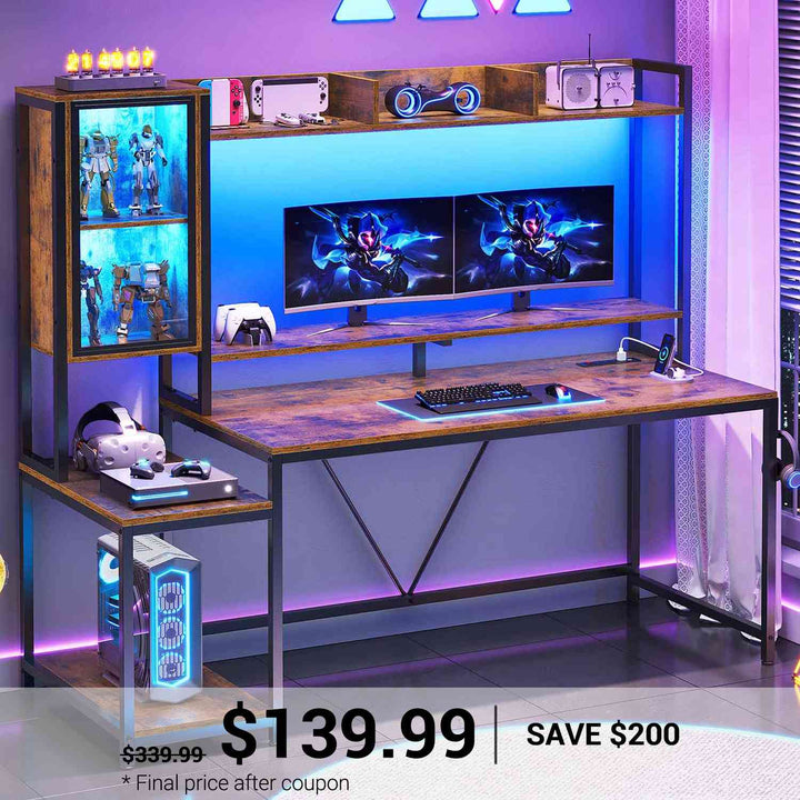 SEDETA | 60 Inch LED PC Gaming Desk with Storage Shelves and Display Cabinet