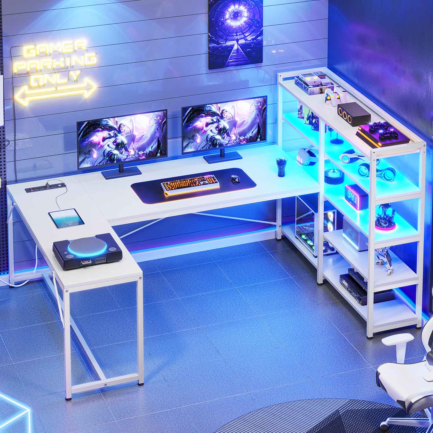 SEDETA 64.5 Inch LED L Shaped Gaming Desk Reversible Corner Computer Table with Bookshelf