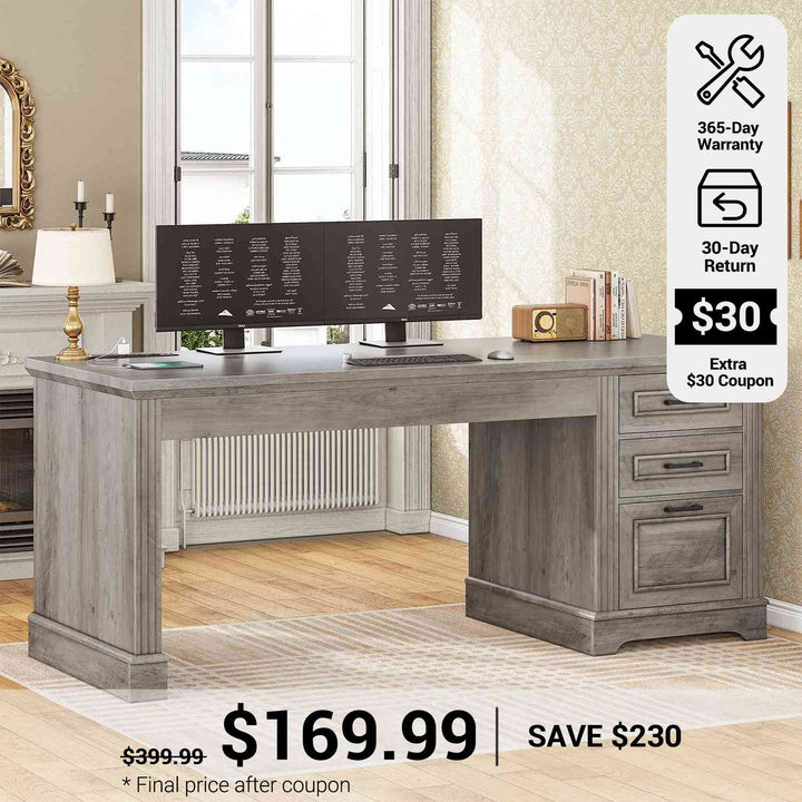 SEDETA® 55 Inch Farmhouse Executive Computer Desk Office Table with Storage File Drawers