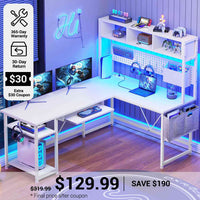 SEDETA® 57.5 Inch L Shaped Gaming Desk Reversible LED Computer Table with Pegboard Hutch