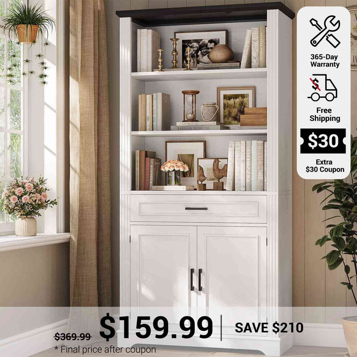 SEDETA 70 Inch Farmhouse Bookcases with Doors and Drawer Floor Standing 6 Shelf Display Storage Shelves