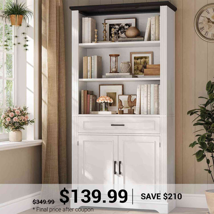 SEDETA | 70 Inch Tall Farmhouse Bookshelf with Doors and Drawer Floor Standing 6 Shelf Display Storage Shelves