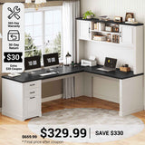 SEDETA® 68.9 Inch Farmhouse Executive Desk L Shaped Computer Desk with File Drawer and Storage Shelves