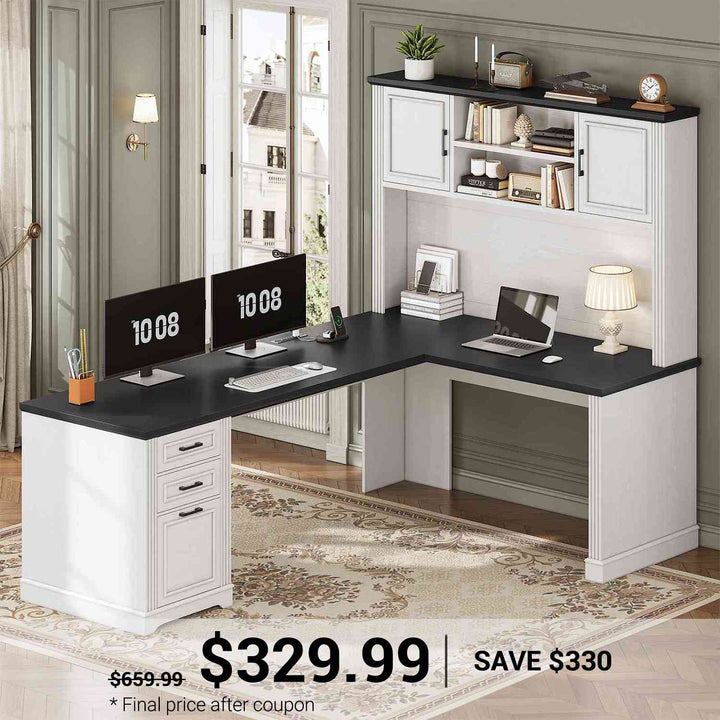 SEDETA® 68.9 Inch Farmhouse Executive Desk L Shaped Computer Desk with File Drawer and Storage Shelves