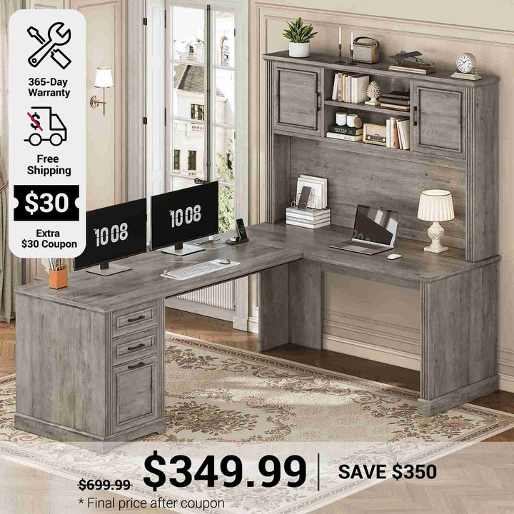 SEDETA 68.9 Inch Farmhouse Executive Office Desk Computer Desk with Storage Shelves for Home Office