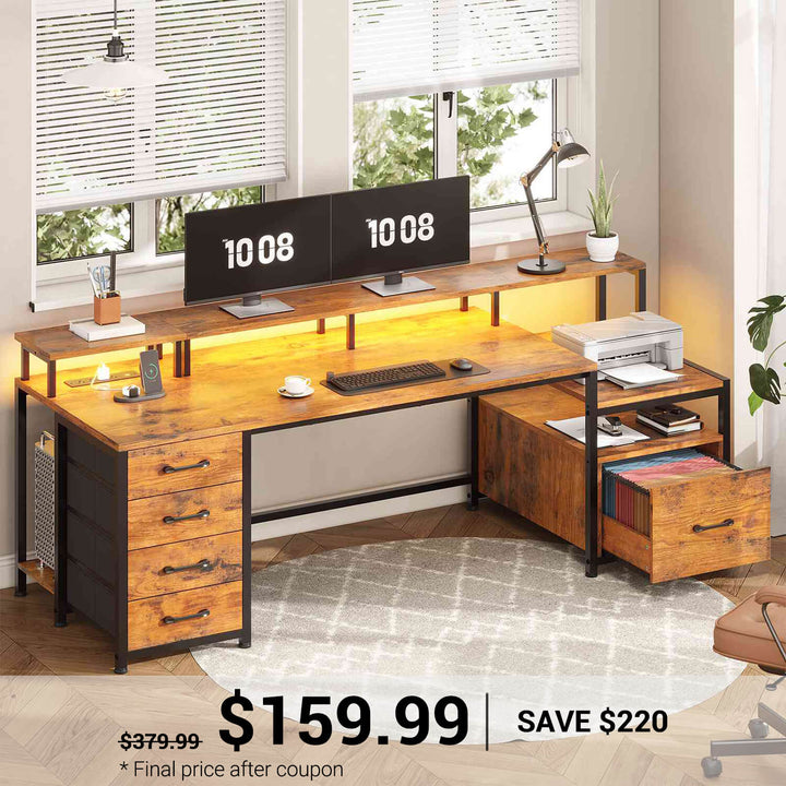 SEDETA® 75 Inch LED Gaming Desk Home Office Computer Desk with 5 Drawers Storage Shelves and Power Outlet