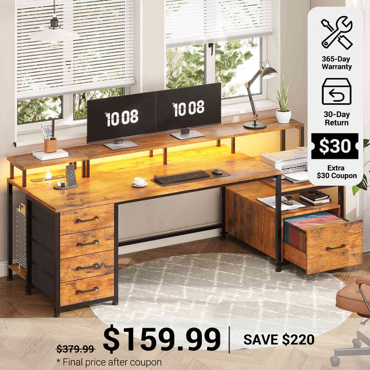 SEDETA® 75 Inch LED Gaming Desk Home Office Computer Desk with 5 Drawers Storage Shelves and Power Outlet